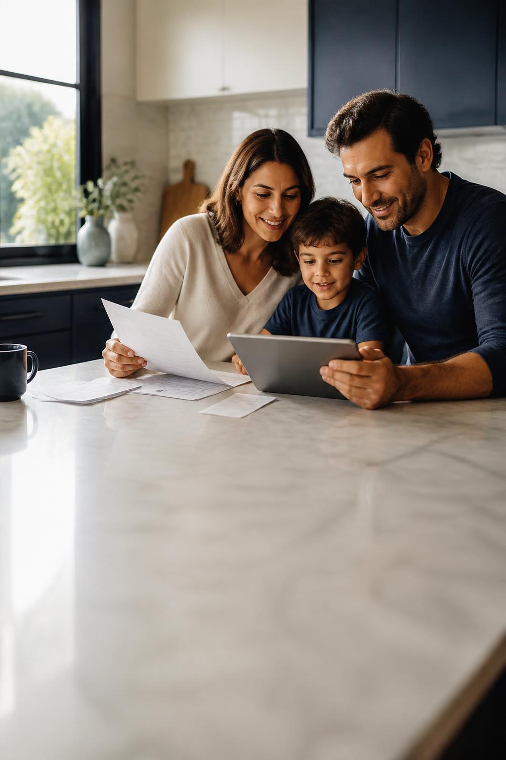 Família organizando finanças em casa, representando segurança e planejamento patrimonial